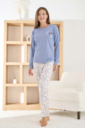 PİJAMONİ - Pijamoni Kadın Pijama Takımı Uzun Kollu Bisiklet Yaka Berlin Raporlu Yaprak Desenli - Lila