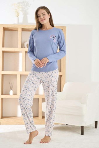 PİJAMONİ - Pijamoni Kadın Pijama Takımı Uzun Kollu Bisiklet Yaka Berlin Raporlu Yaprak Desenli - Mavi (1)