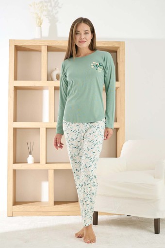 PİJAMONİ - Pijamoni Kadın Pijama Takımı Uzun Kollu Bisiklet Yaka Berlin Raporlu Yaprak Desenli - Yeşil