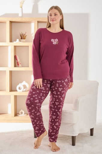 PİJAMONİ - Pijamoni Kadın Pijama Takımı Uzun Kollu Bisiklet Yaka Büyük Beden Sofia Çiçekli - Mürdüm