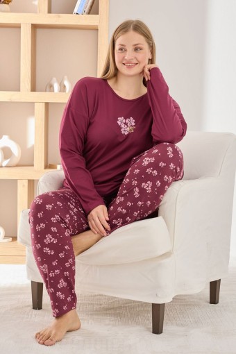 PİJAMONİ - Pijamoni Kadın Pijama Takımı Uzun Kollu Bisiklet Yaka Büyük Beden Sofia Çiçekli - Mürdüm (1)