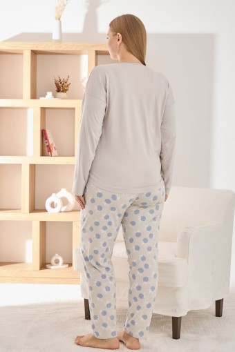 PİJAMONİ - Pijamoni Kadın Pijama Takımı Uzun Kollu Bisiklet Yaka Büyük Beden Sofia Çiçekli - Taş (1)