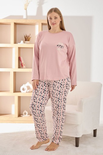 PİJAMONİ - Pijamoni Kadın Pijama Takımı Uzun Kollu Bisiklet Yaka Büyük Beden Sofia Desenli - Pembe
