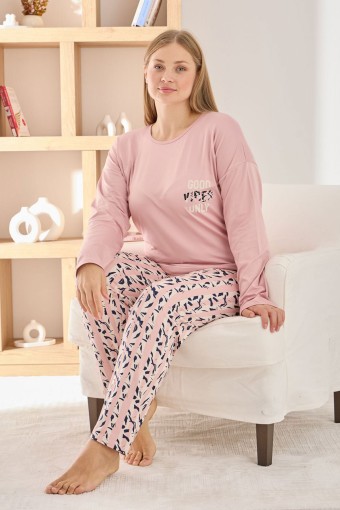 PİJAMONİ - Pijamoni Kadın Pijama Takımı Uzun Kollu Bisiklet Yaka Büyük Beden Sofia Desenli - Pembe (1)