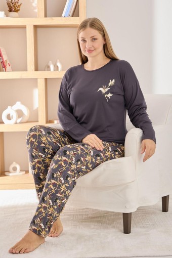 PİJAMONİ - Pijamoni Kadın Pijama Takımı Uzun Kollu Bisiklet Yaka Büyük Beden Sofia Yaprak Desenli - Lacivert (1)