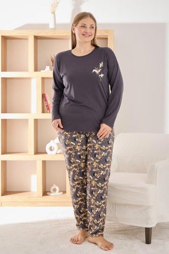 PİJAMONİ - Pijamoni Kadın Pijama Takımı Uzun Kollu Bisiklet Yaka Büyük Beden Sofia Yaprak Desenli - Lacivert