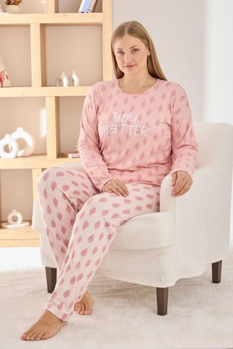 PİJAMONİ - Pijamoni Kadın Pijama Takımı Uzun Kollu Bisiklet Yaka Büyük Beden Sofia Yaprak Desenli - Pembe (1)