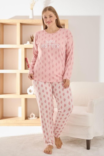 PİJAMONİ - Pijamoni Kadın Pijama Takımı Uzun Kollu Bisiklet Yaka Büyük Beden Sofia Yaprak Desenli - Pembe