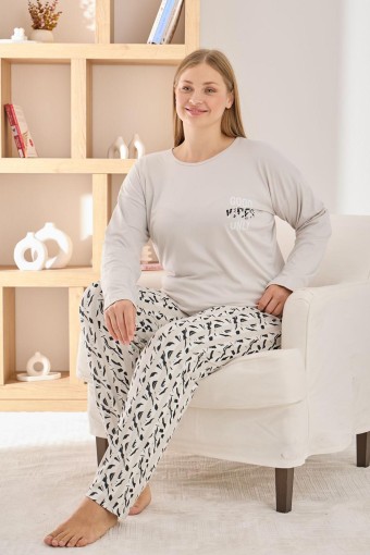 PİJAMONİ - Pijamoni Kadın Pijama Takımı Uzun Kollu Bisiklet Yaka Büyük Beden Sofia Yazı Baskılı - Taş