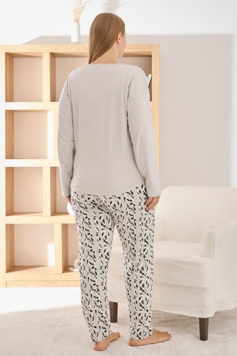 PİJAMONİ - Pijamoni Kadın Pijama Takımı Uzun Kollu Bisiklet Yaka Büyük Beden Sofia Yazı Baskılı - Taş (1)