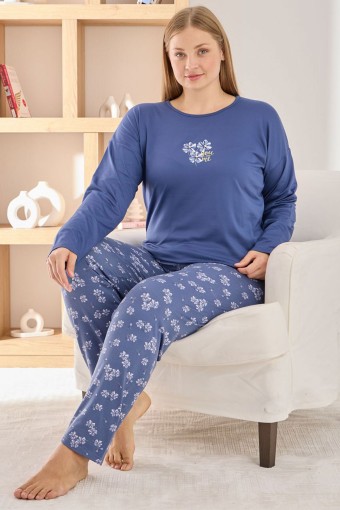 PİJAMONİ - Pijamoni Kadın Pijama Takımı Uzun Kollu Bisiklet Yaka Büyük Beden Sofya Çiçekli - İndigo