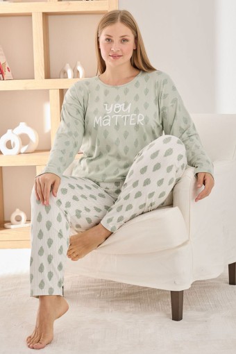 PİJAMONİ - Pijamoni Kadın Pijama Takımı Uzun Kollu Bisiklet Yaka Büyük Beden Sofya Yaprak Desenli - Açık Yeşil