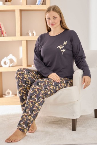 PİJAMONİ - Pijamoni Kadın Pijama Takımı Uzun Kollu Bisiklet Yaka Büyük Beden Sofya Yaprak Desenli - Koyu Gri