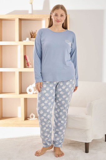 PİJAMONİ - Pijamoni Kadın Pijama Takımı Uzun Kollu Bisiklet Yaka Desenli Sofya - Mavi