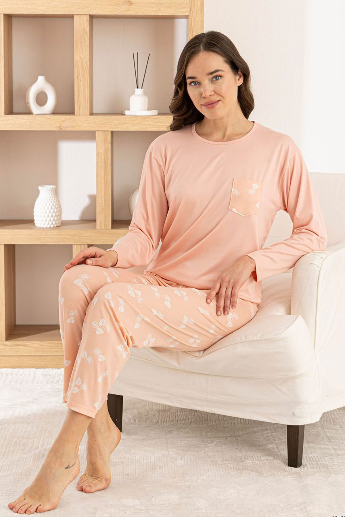 Pijamoni Kadın Pijama Takımı Uzun Kollu Bisiklet Yaka Milan Yaprak Desenli - Somon - Thumbnail