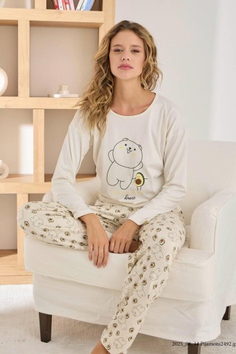 PİJAMONİ - Pijamoni Kadın Pijama Takımı Uzun Kollu Bisiklet Yaka Sofia Avakado Baskılı - Ekru (1)