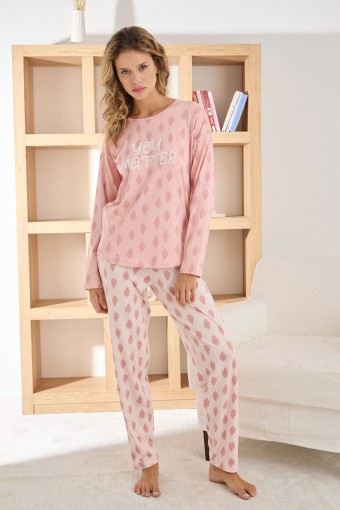 PİJAMONİ - Pijamoni Kadın Pijama Takımı Uzun Kollu Bisiklet Yaka Sofia Desenli - Pembe