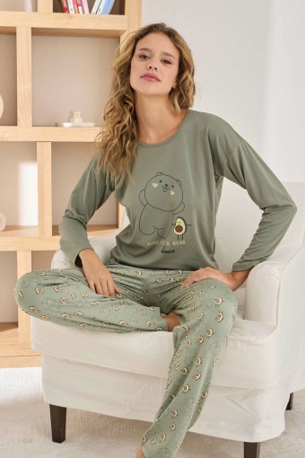 PİJAMONİ - Pijamoni Kadın Pijama Takımı Uzun Kollu Bisiklet Yaka Sofya Avakado Desenli - Yeşil
