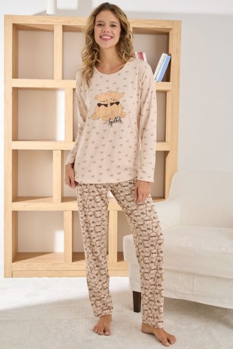 PİJAMONİ - Pijamoni Kadın Pijama Takımı Uzun Kollu Bisiklet Yaka Sofya Ayıcık Desenli - Somon