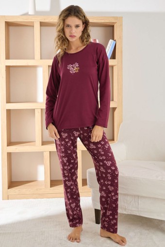 PİJAMONİ - Pijamoni Kadın Pijama Takımı Uzun Kollu Bisiklet Yaka Sofya Çiçek Desenli - Bordo