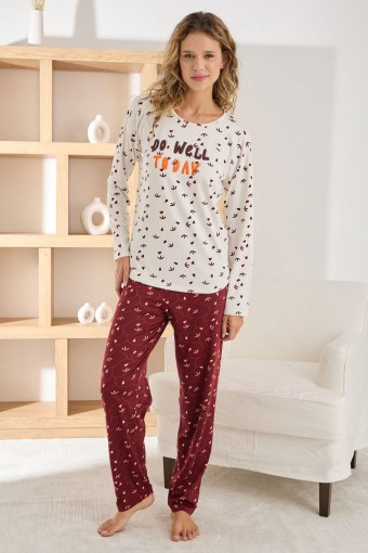 PİJAMONİ - Pijamoni Kadın Pijama Takımı Uzun Kollu Bisiklet Yaka Sofya Desenli - Ekru