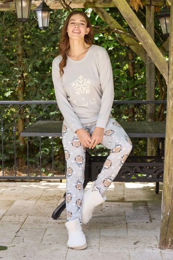 PİJAMONİ - Pijamoni Kadın Pijama Takımı Uzun Kollu Bisiklet Yaka Termosoft Manşetli Paça - Gri