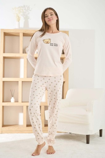 PİJAMONİ - Pijamoni Kadın Pijama Takımı Uzun Kollu Bisiklet Yaka Termosoft Manşetli Paça - Gri