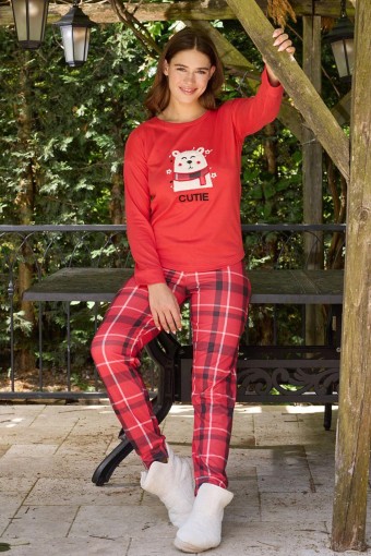 PİJAMONİ - Pijamoni Kadın Pijama Takımı Uzun Kollu Bisiklet Yaka Termosoft Manşetli Paça - Kırmızı