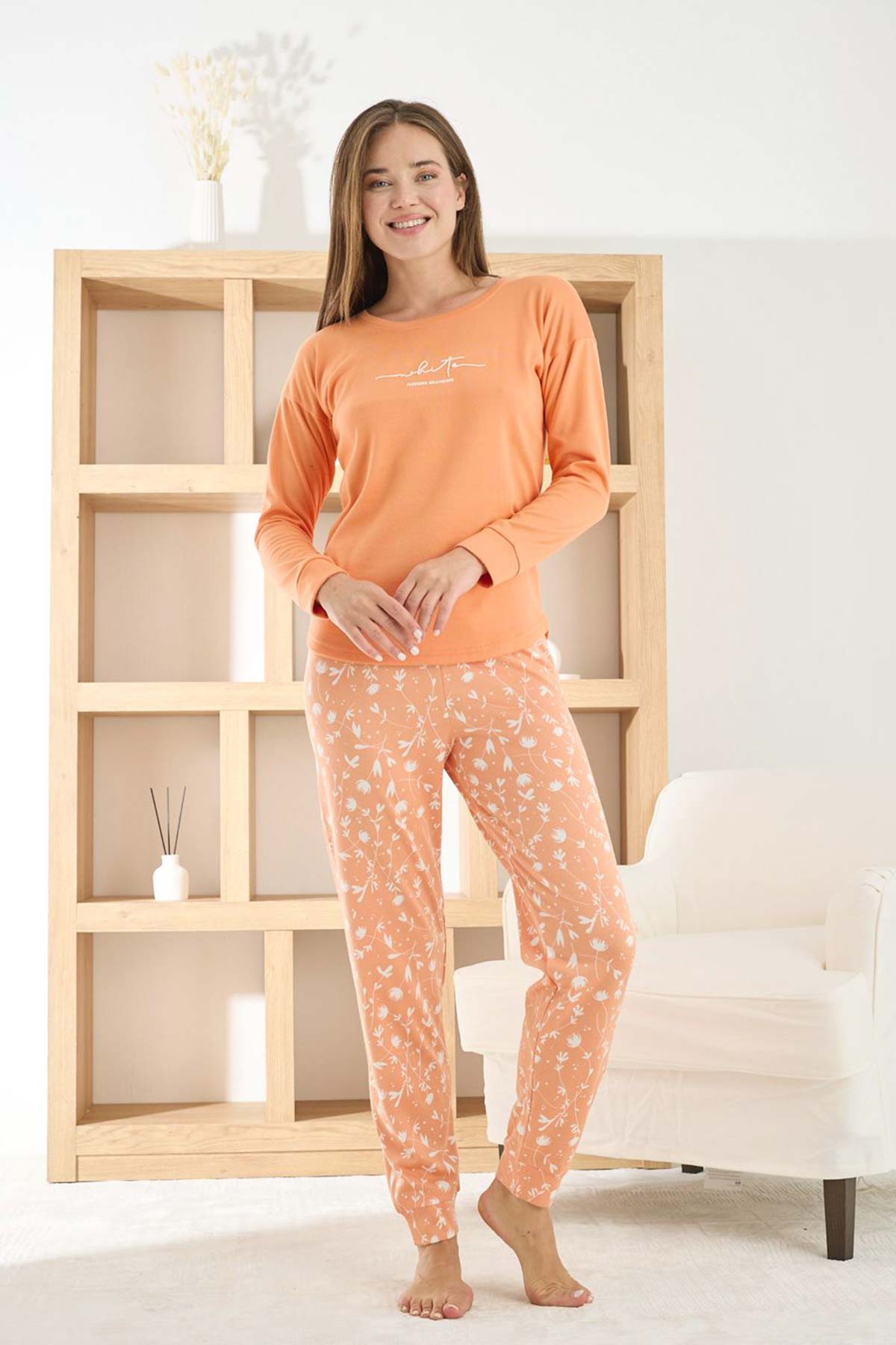 Pijamoni Kadın Pijama Takımı Uzun Kollu Bisiklet Yaka Termosoft Manşetli Paça - Kırmızı - Thumbnail