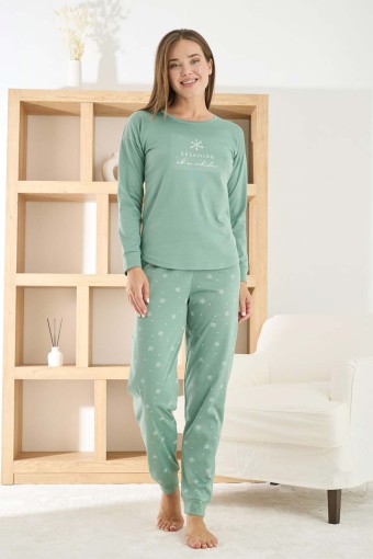 PİJAMONİ - Pijamoni Kadın Pijama Takımı Uzun Kollu Bisiklet Yaka Termosoft Manşetli Paça - Lacivert