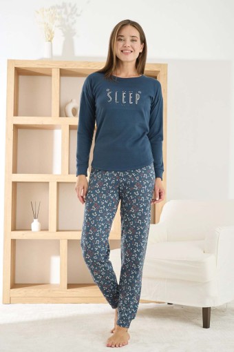 PİJAMONİ - Pijamoni Kadın Pijama Takımı Uzun Kollu Bisiklet Yaka Termosoft Manşetli Paça - Lacivert