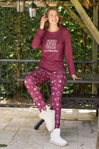 PİJAMONİ - Pijamoni Kadın Pijama Takımı Uzun Kollu Bisiklet Yaka Termosoft Manşetli Paça - Mürdüm