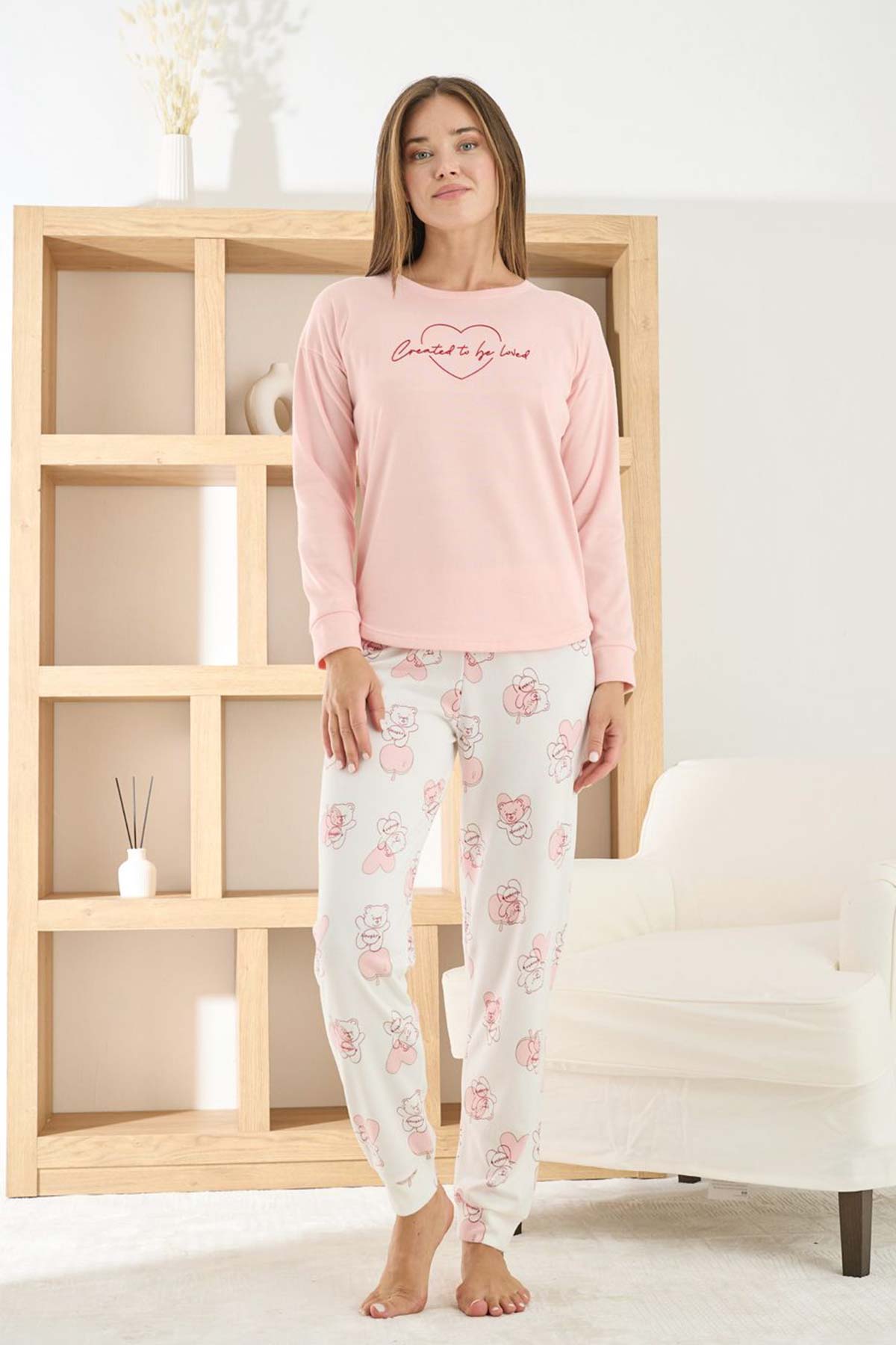Pijamoni Kadın Pijama Takımı Uzun Kollu Bisiklet Yaka Termosoft Manşetli Paça - Mürdüm - Thumbnail