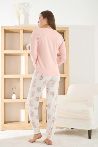 PİJAMONİ - Pijamoni Kadın Pijama Takımı Uzun Kollu Bisiklet Yaka Termosoft Manşetli Paça - Pembe (1)