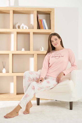 PİJAMONİ - Pijamoni Kadın Pijama Takımı Uzun Kollu Bisiklet Yaka Termosoft Manşetli Paça - Pembe (1)