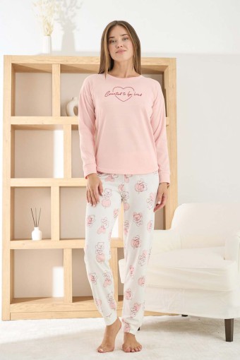 PİJAMONİ - Pijamoni Kadın Pijama Takımı Uzun Kollu Bisiklet Yaka Termosoft Manşetli Paça - Pembe