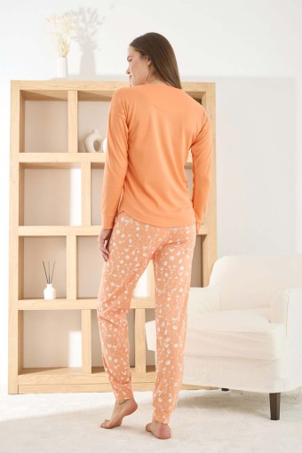 PİJAMONİ - Pijamoni Kadın Pijama Takımı Uzun Kollu Bisiklet Yaka Termosoft Manşetli Paça - Turuncu (1)