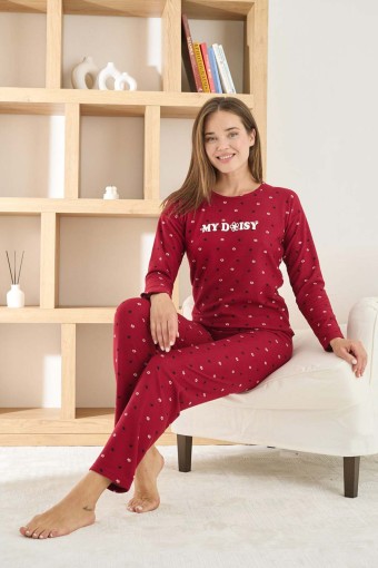 PİJAMONİ - Pijamoni Kadın Pijama Takımı Uzun Kollu Bisiklet Yaka Waffle Kumaş Desenli - Bordo (1)