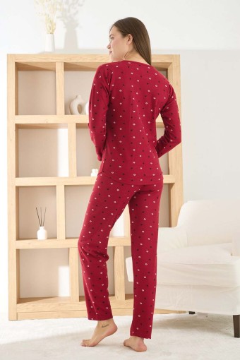 PİJAMONİ - Pijamoni Kadın Pijama Takımı Uzun Kollu Bisiklet Yaka Waffle Kumaş Desenli - Bordo