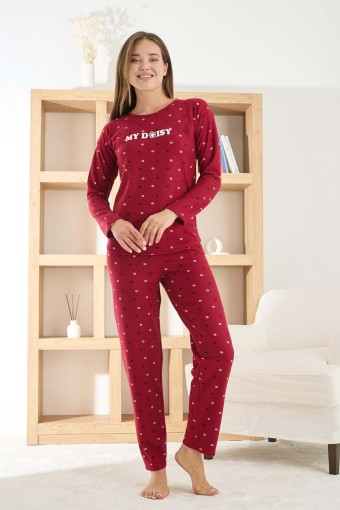 PİJAMONİ - Pijamoni Kadın Pijama Takımı Uzun Kollu Bisiklet Yaka Waffle Kumaş Desenli - Bordo