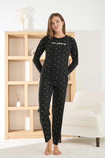 PİJAMONİ - Pijamoni Kadın Pijama Takımı Uzun Kollu Bisiklet Yaka Waffle Kumaş Desenli - Siyah (1)