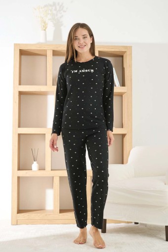 PİJAMONİ - Pijamoni Kadın Pijama Takımı Uzun Kollu Bisiklet Yaka Waffle Kumaş Desenli - Siyah