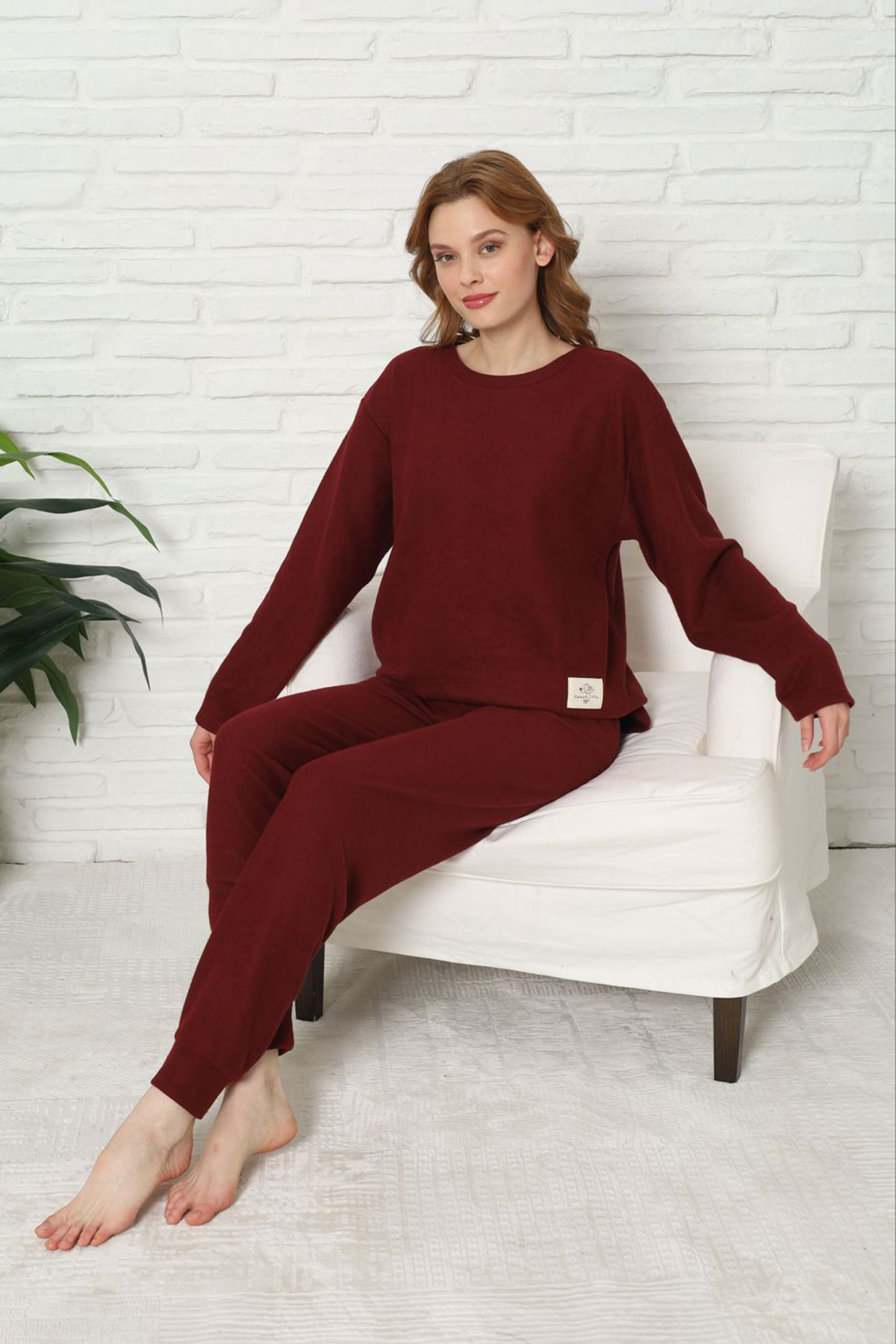 Pijamoni Kadın Pijama Takımı Uzun Kollu Bisiklet Yaka Waffle Kumaş Düz Paça Manşetli - Bordo - Thumbnail