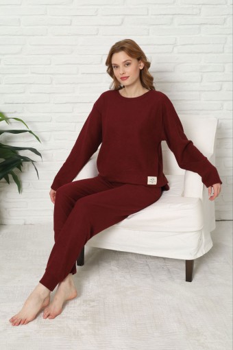 PİJAMONİ - Pijamoni Kadın Pijama Takımı Uzun Kollu Bisiklet Yaka Waffle Kumaş Düz Paça Manşetli - Bordo