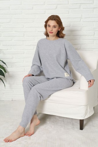 PİJAMONİ - Pijamoni Kadın Pijama Takımı Uzun Kollu Bisiklet Yaka Waffle Kumaş Düz Paça Manşetli - Gri