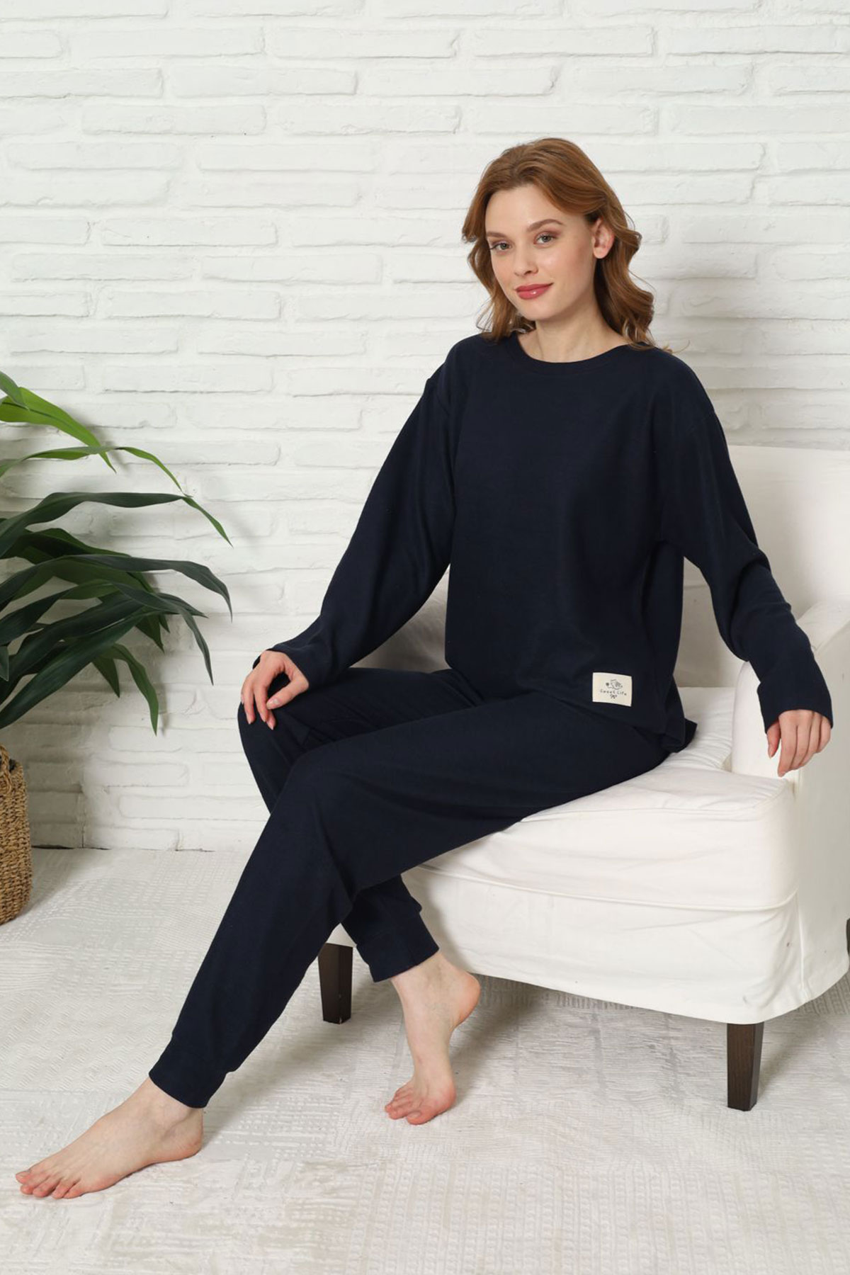 Pijamoni Kadın Pijama Takımı Uzun Kollu Bisiklet Yaka Waffle Kumaş Düz Paça Manşetli - Gri - Thumbnail