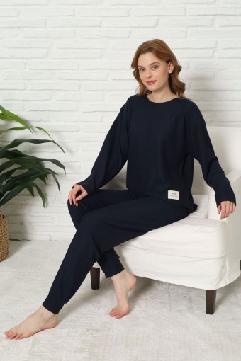 PİJAMONİ - Pijamoni Kadın Pijama Takımı Uzun Kollu Bisiklet Yaka Waffle Kumaş Düz Paça Manşetli - Gri (1)