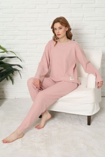 PİJAMONİ - Pijamoni Kadın Pijama Takımı Uzun Kollu Bisiklet Yaka Waffle Kumaş Düz Paça Manşetli - Pudra