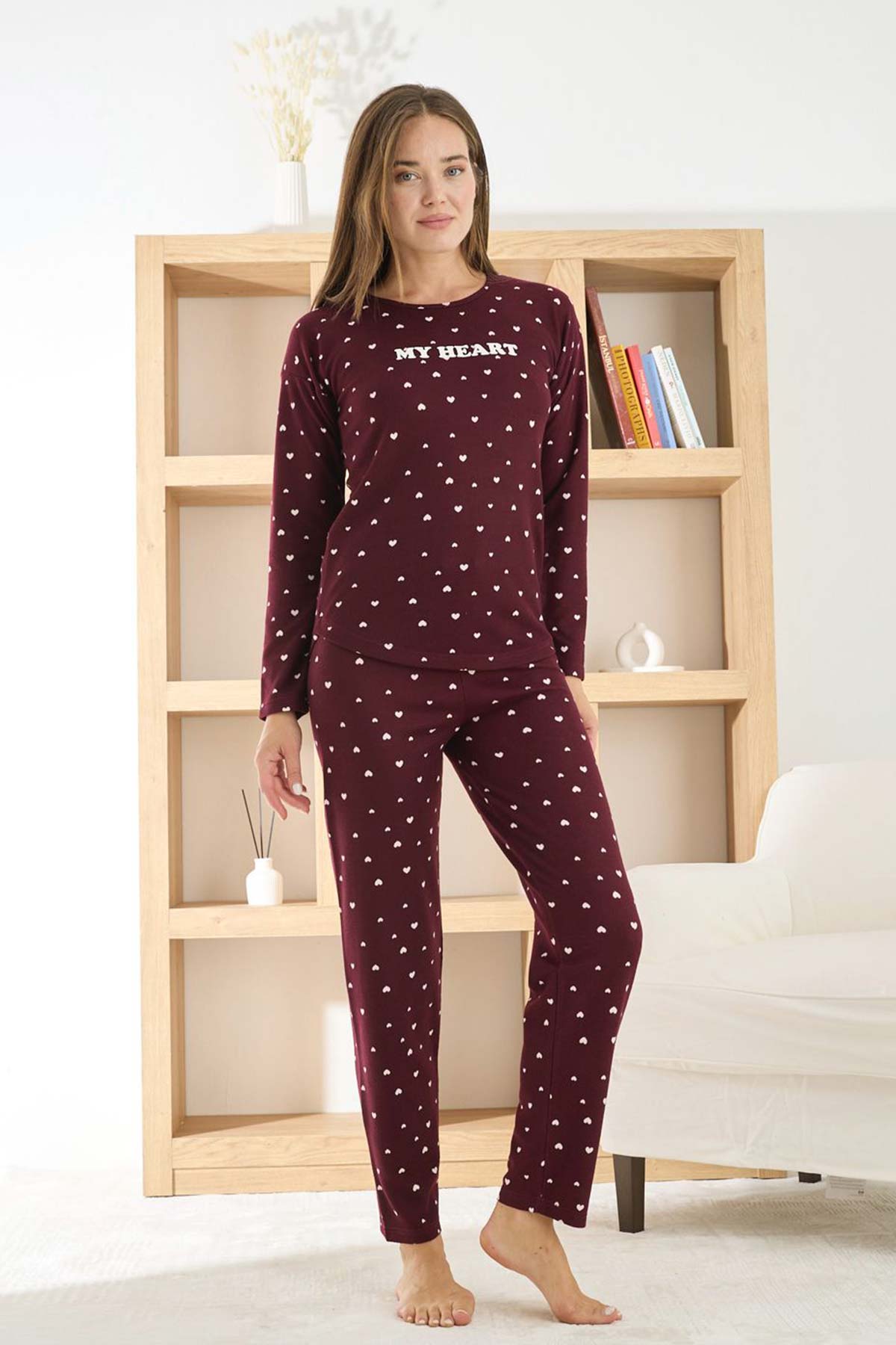 Pijamoni Kadın Pijama Takımı Uzun Kollu Bisiklet Yaka Waffle Kumaş Kalpli - Bordo - Thumbnail