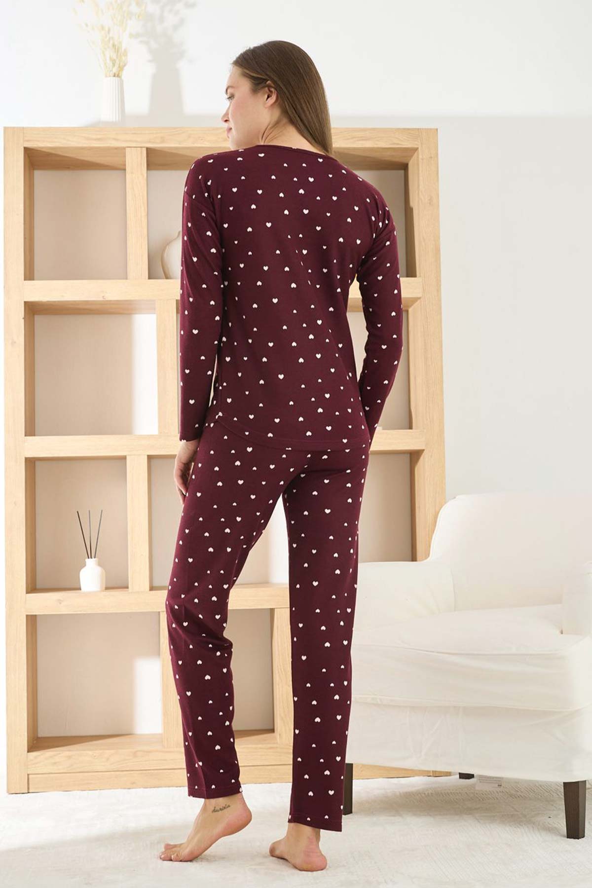 Pijamoni Kadın Pijama Takımı Uzun Kollu Bisiklet Yaka Waffle Kumaş Kalpli - Bordo - Thumbnail